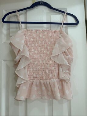 Gianni Bini Blush Polka Dot Smocked Ruffle Cami Top